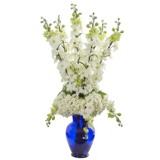 33" Delphinium & Hydrangea Arrangement in Blue Vase Assorted {1}