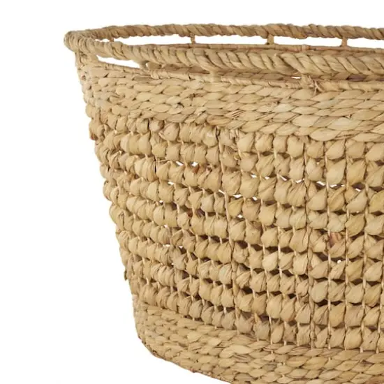 30" Brown Seagrass Handmade Woven Oval Storage Basket with Elevated Rim & Slot Handles {5}