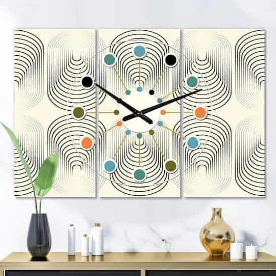Designart Monochrome Geometric Pattern X Oversized Mid-Century Modern Multipanel Wall Clock {3}