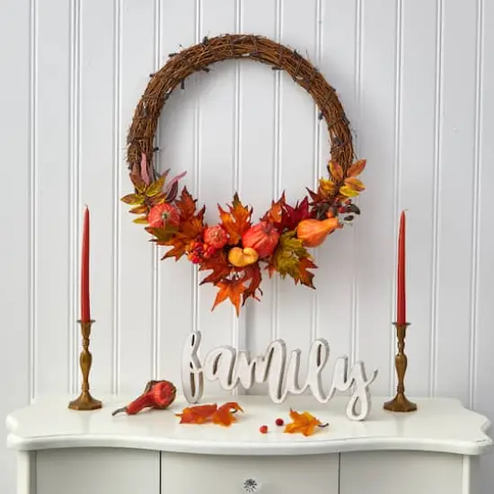 22" Pre-Lit Pumpkin & Maple Autumn Wreath {6}