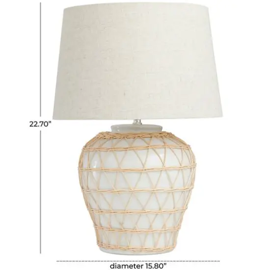 White Ceramic Woven Rattan Table Lamp with Linen Shade {7}