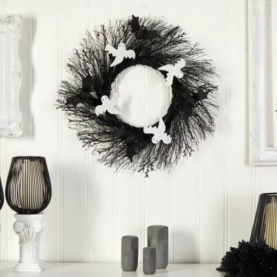 22" Halloween Ghost & Bats Twig Wreath {4}