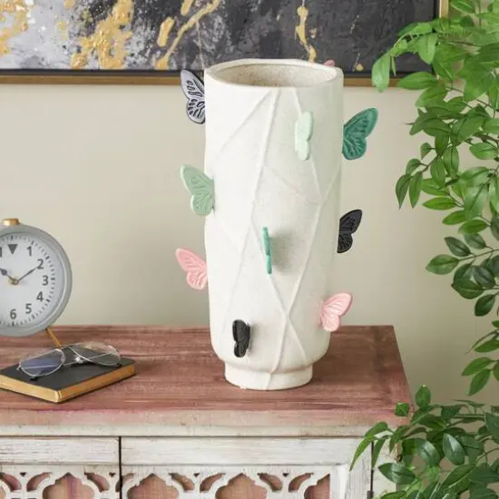 15.75" White Ceramic Butterfly Wide Decorative Vase with Multicolor Accents {9}