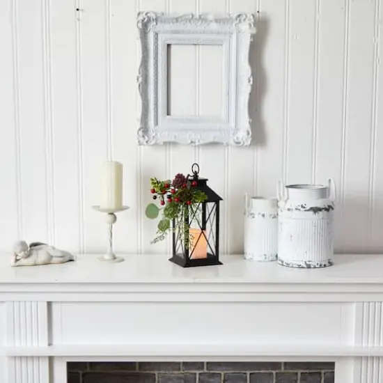 12" Berries & Greenery Metal Lantern Artificial Table Christmas Arrangement with LED Candle {5}