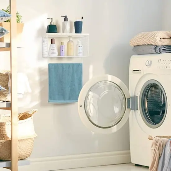 Wood & Metal Wall Mounted Bathroom Towel Rack with 6 Hooks White {8}