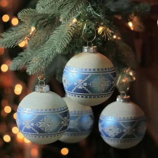 4ct. 4" Blue & White Nordic Fair Isle Glass Ball Ornaments {3}