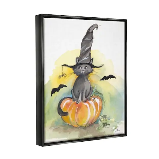 Stupell Industries Witch Cat on Pumpkin Framed Floater Canvas Wall Art Black {4}