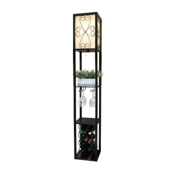Simple Designs&trade; Floor Lamp Storage Shelf and Wine Rack with Linen Shade Black {8}