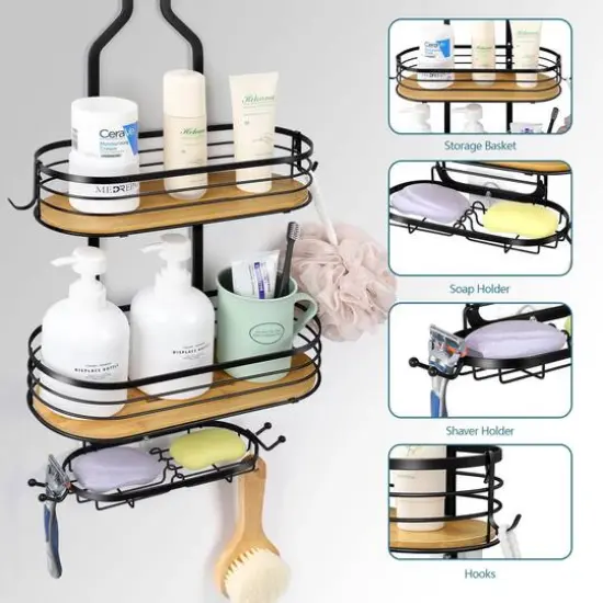 NEX&trade; Black Stainless Steel & Bamboo Hanging Caddy Shower Organizer with Hooks {9}