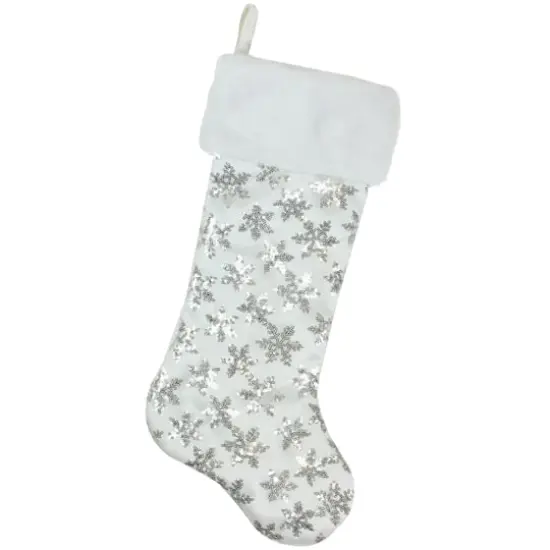 20.5" Sequin Snowflake Stocking With White Faux Fur Cuff, White & Silver {3}