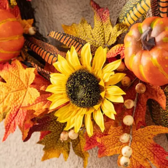 Glitzhome&reg; 24" Fall Sunflower Pumpkin Leaf Wreath {5}