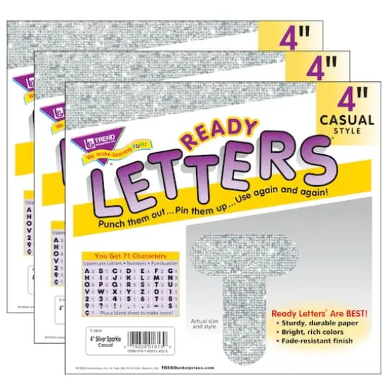 Trend Enterprises® 4" Silver Sparkle Casual Uppercase Ready Letters®, 3 Packs of 71 {1}