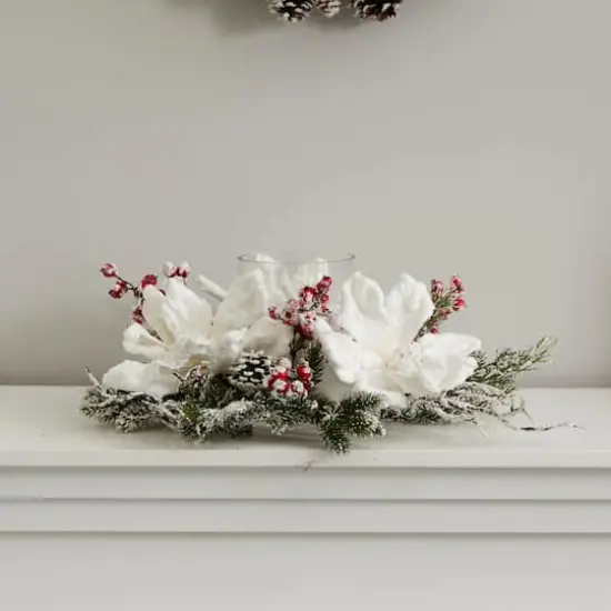 17" Frosted Magnolia & Berry Artificial Arrangement Candelabrum {5}