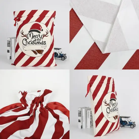 Personality Case&trade; 17" x 26" Red & White Stripe Cotton Merry Christmas Drawstring Bag {5}