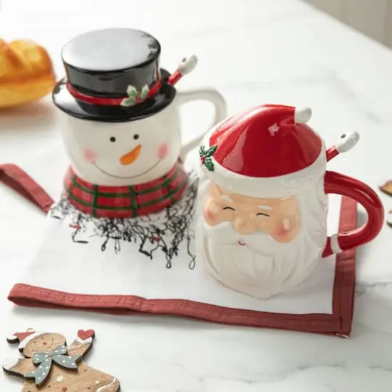 Glitzhome&reg; Christmas Ceramic Santa & Snowman Mug with Lid & Spoon Set {4}
