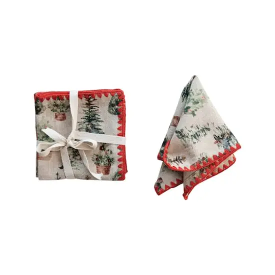 Hello Honey&reg; 10" Multicolor Cotton Printed Cocktail Napkins with Trees Pattern & Red Stitched Edge, 4ct. {4}