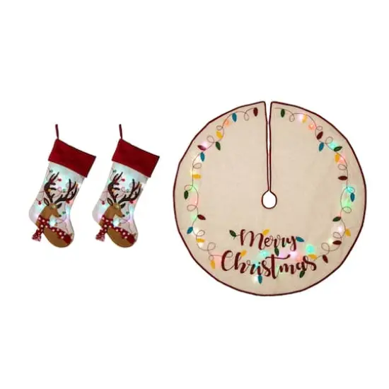 Glitzhome&reg; LED Reindeer Stockings & Tree Skirt Set {1}