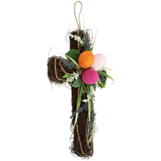 13.25" Twig Cross Wall Decoration with Easter Eggs {7}