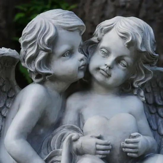 16.25" Gray Sitting Cherub Angels Holding a Heart & Bow Outdoor Statue {4}