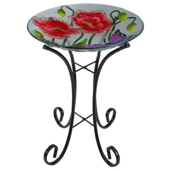 21'' Butterfly and Carnations Hand Painted Glass Birdbath {1}