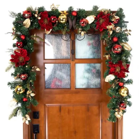 9 ft. Pre-Lit LED Golden Leaf Red Magnolia Artificial Christmas Garland {3}