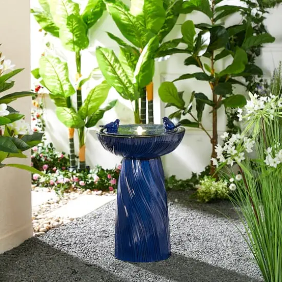 Glitzhome&reg; 24.75" LED Cobalt Blue Twist Ceramic Birdbath Outdoor Floor Fountain {3}