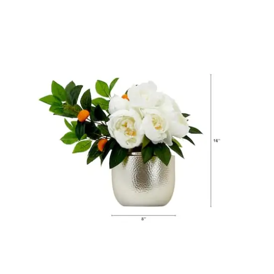 16" Artificial White Peony Dahlia Arrangement with White Vase {3}