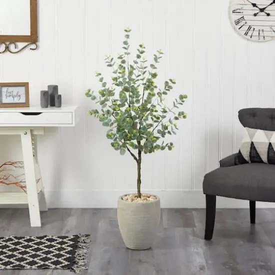 4.5ft. Eucalyptus Artificial Tree in Sand Colored Planter {4}