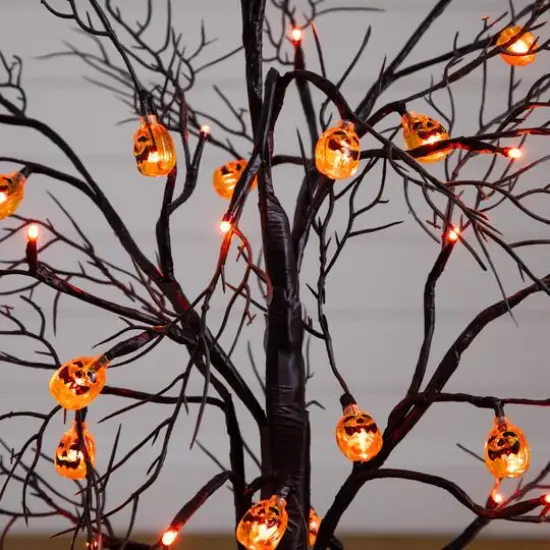 3ft. Pre-Lit Artificial Halloween Black Twig Tree with 18 Orange LED Pumpkin Shaped Lights {7}
