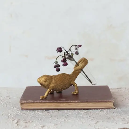 Hello Honey&reg; 7.5" Long Gold Chameleon with Glass Vase {3}