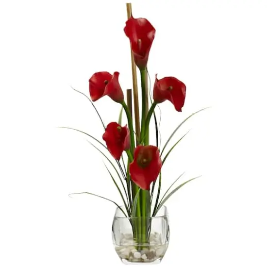 18" Red Calla Lily In Square Glass Vase {1}