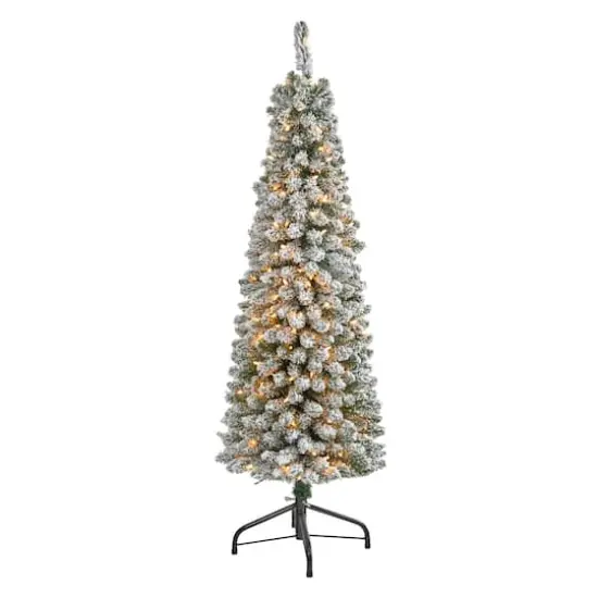 5ft. Pre-Lit Flocked Pencil Artificial Christmas Tree with Clear LED Lights {1}