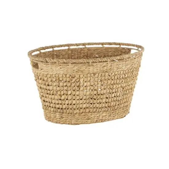 30" Brown Seagrass Handmade Woven Oval Storage Basket with Elevated Rim & Slot Handles {3}
