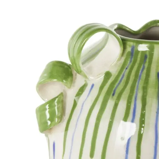 10.5" White Ceramic Vase with Green & Blue Drip Design & Handles {6}