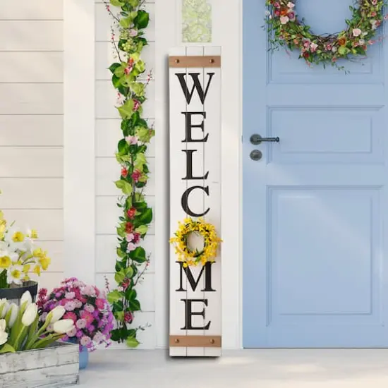 Glitzhome® 5ft. White Welcome Wood Porch Sign with 4 Changeable Wreaths {5}