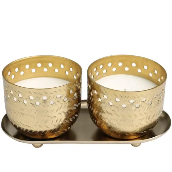Egyptian Mint Scented Cutout Spotted Candles in Gold Bowls Set {1}