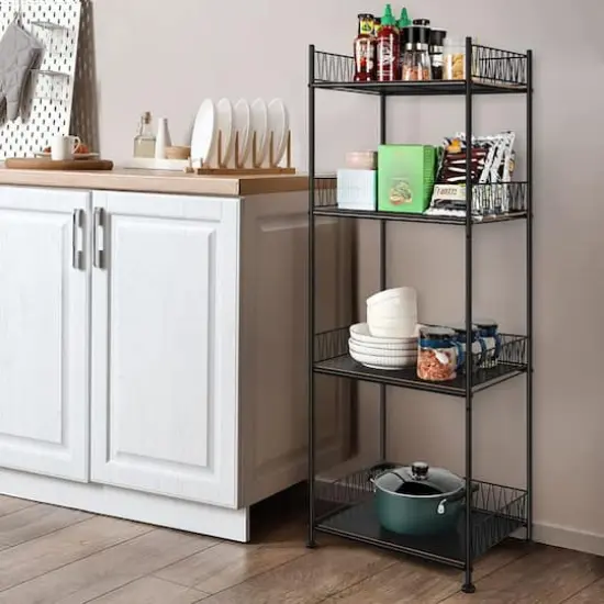 Black 4-Tier Bathroom Storage Rack Metal Shelving Unit with Wood Shelves {6}