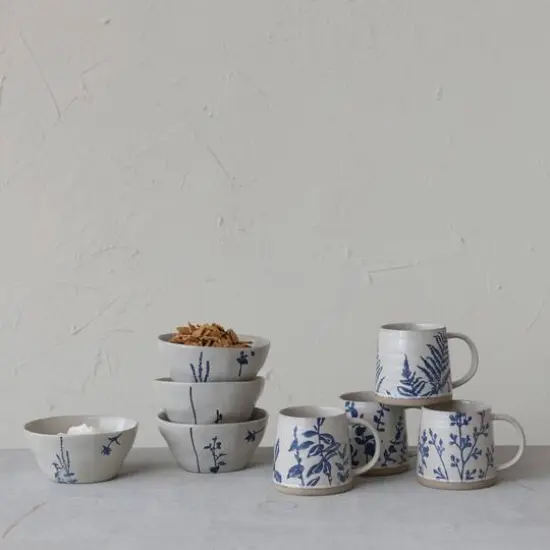Hello Honey&reg; Antique White & Blue Hand-Stamped Stoneware Bowl Set {3}
