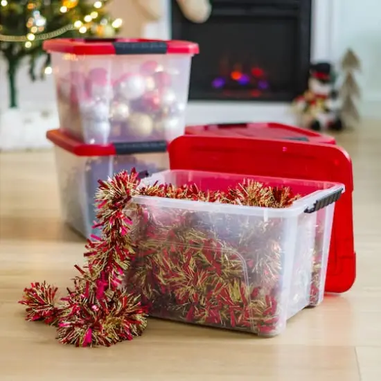 IRIS&reg; 20.5qt. Clear Holiday Storage Boxes with Red Buckle Lids, 4ct. {3}
