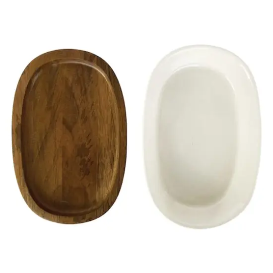 Hello Honey&reg; 13" Cream Stoneware Serving Dish with Natural Mango Wood Base {6}