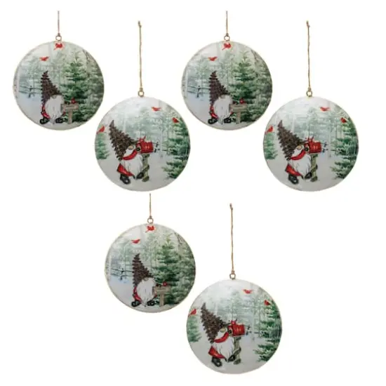 6" Gnome Cardinal Forest Metal Disc Ornaments Set {1}