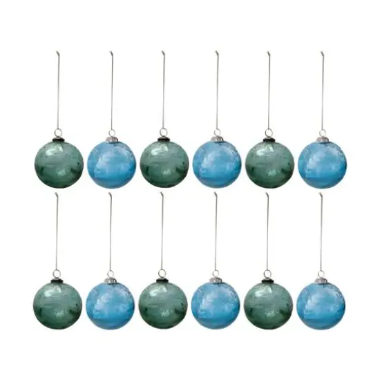 Hello Honey&reg; 12 Pack 3" Blue & Green Etched Leaves Ball Glass Ornaments {1}