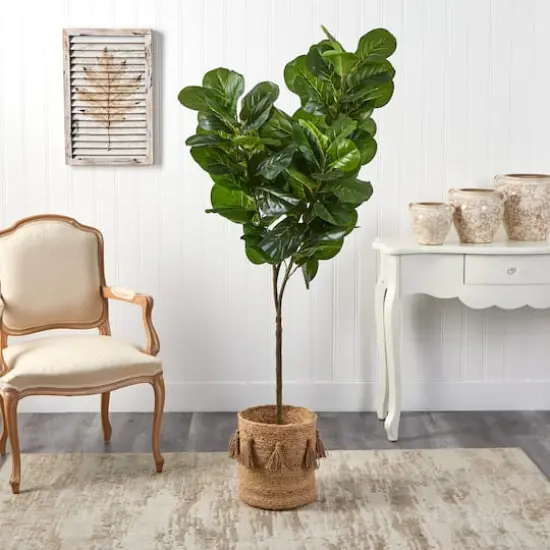 6ft. Fiddle Leaf Fig Artificial Tree in Handmade Natural Jute Planter with Tassels {4}