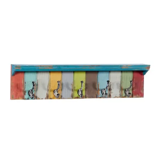 Multi Color Wood Coastal Wall Hooks with Shelf, 9" x 35" x 5" {3}