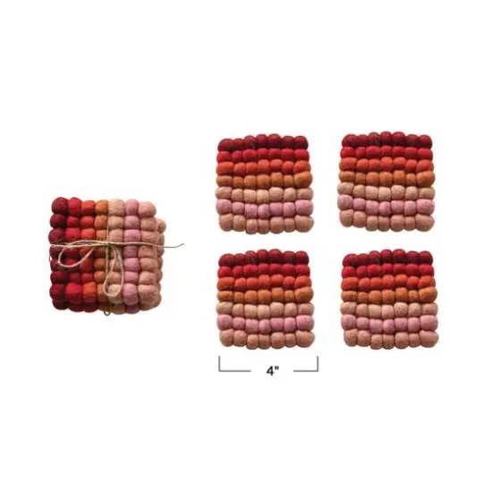 Hello Honey&reg; 4" Red, Pink & Blush Handmade Wool Felt Ball Coaster Set {4}