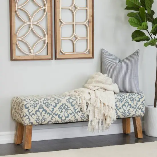 50" Cream Fabric Arabesque Scroll Bench with Wood Legs {8}