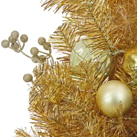 3ft. Pre-Lit Be Merry Gold Artificial Christmas Tree in Lattice Planter, Warm White LED Lights {4}