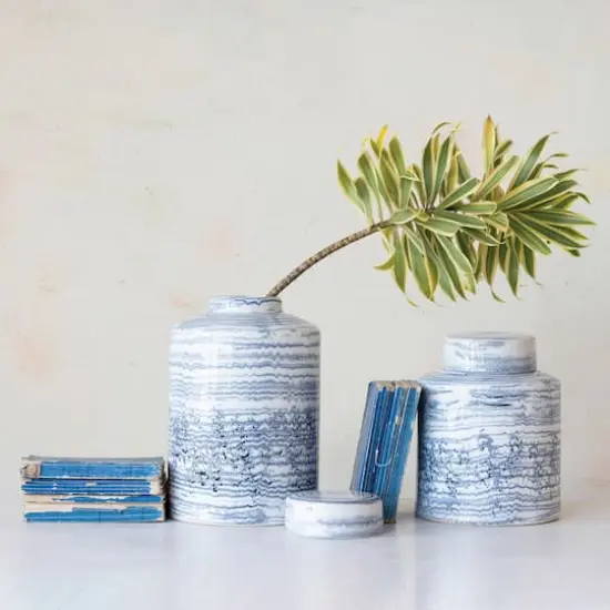 Hello Honey&reg; Blue & White Striped Stoneware Ginger Jar with Reactive Glaze {3}