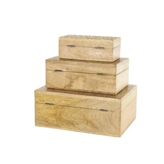 Brown Mango Wood Scroll Handmade Storage Box with Vine Carvings & Gold Accents, 3ct. {8}