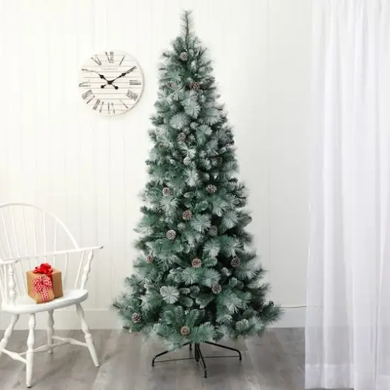 7ft. Pre-Lit Frosted Tip British Columbia Mountain Pine & Pinecones Artificial Christmas Tree with Clear Lights {9}